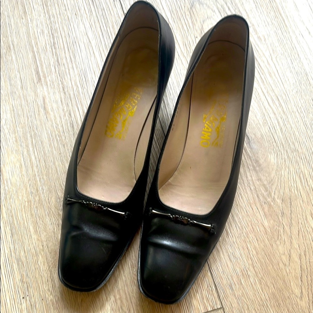 Salvatore Ferragamo Black Leather Loafers with Square Toe